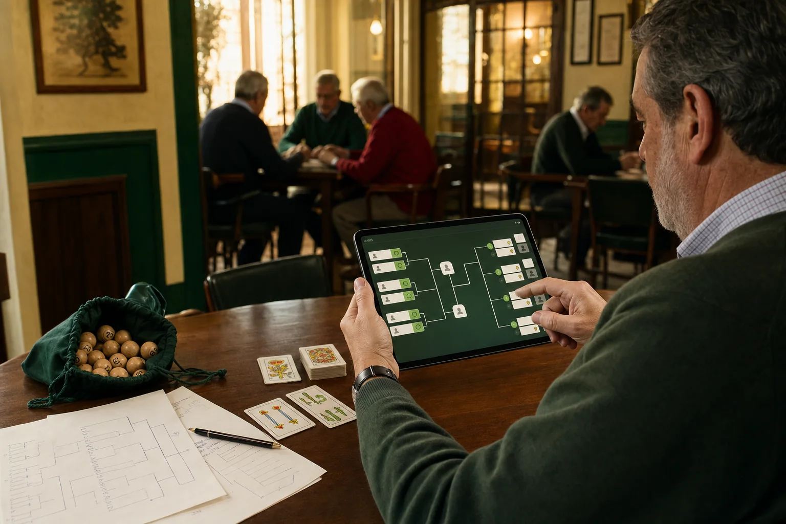 Organizador de un torneo de mus gestionando los cruces desde una tablet junto a cartas españolas, bolas y hojas de cuadros